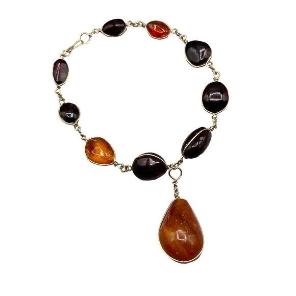 Genuine Amber Bracelet Wire Wrapped Bracelet with Drop Amber Nugget Charm - Picture 1 of 7